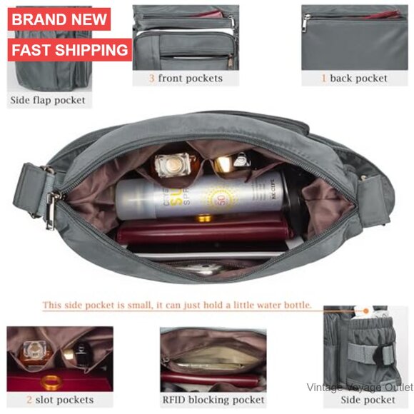 Waterproof Nylon Crossbody Bag with RFID Protection, 5 Pockets - Picture 5 of 7